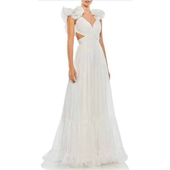 NWT Mac Duggal Ruffle Tiered Cutout Chiffon Gown Empire Waist Womens White SZ 4 - Picture 1 of 8
